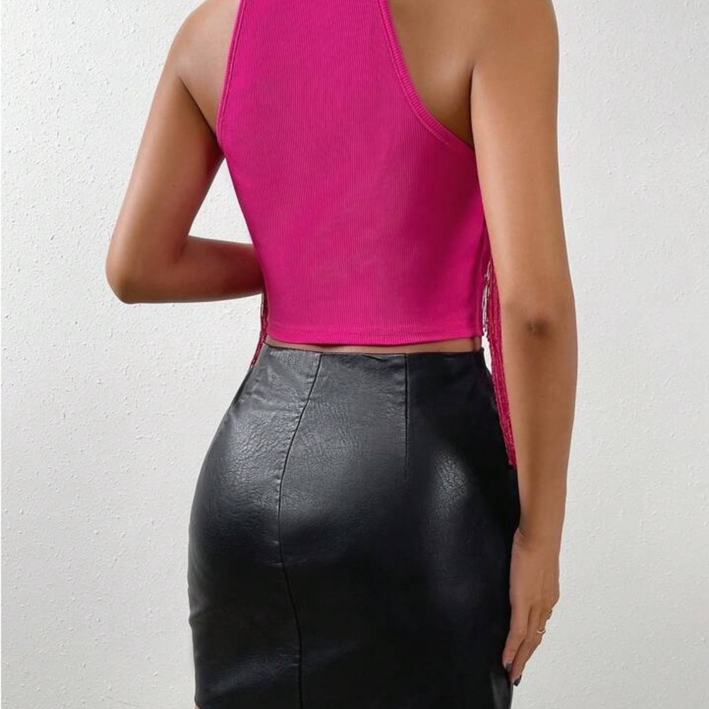 Pink Sleeveless Top and Black Leather Skirt